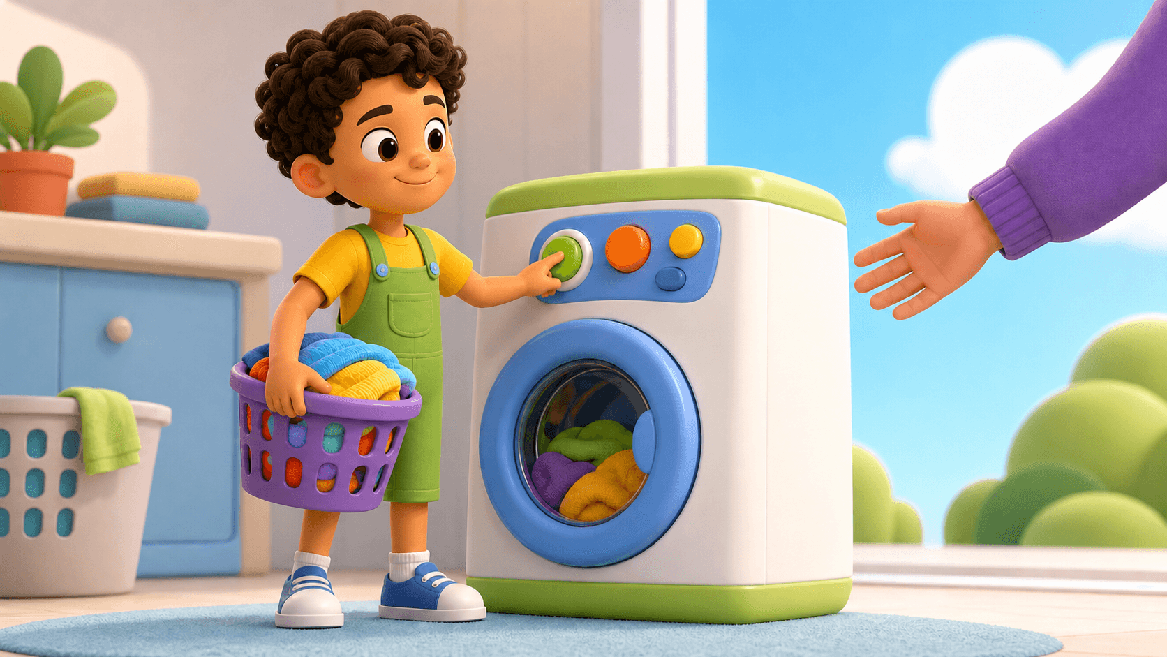A child loading a colourful toy washing machine while an adult offers a helping hand