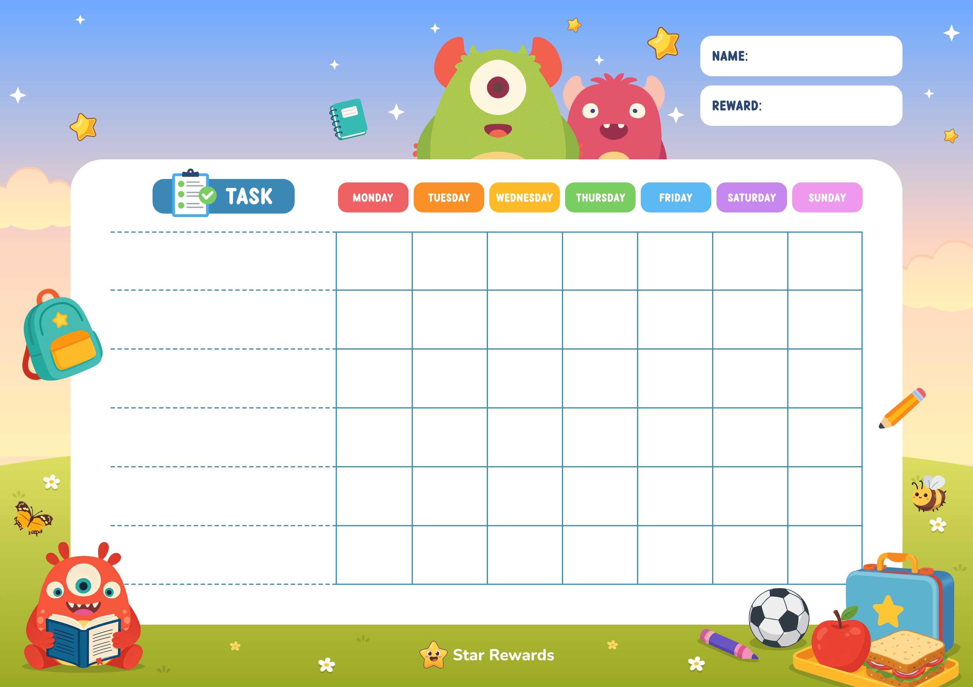 A colourful after-school reward chart with a weekly task grid