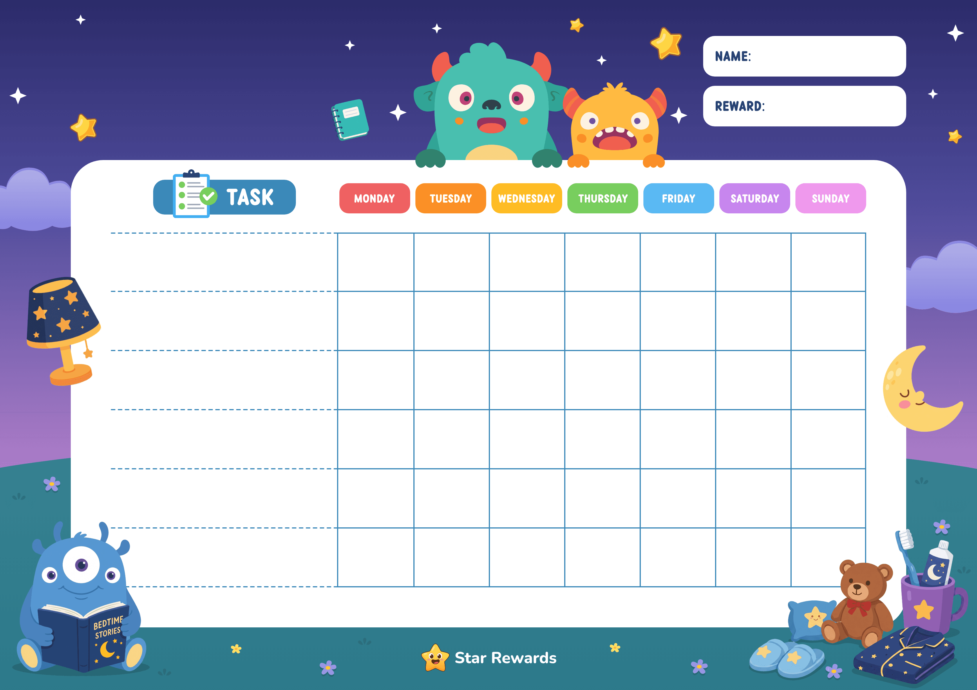 A colourful evening reward chart for bedtime and end-of-day tasks