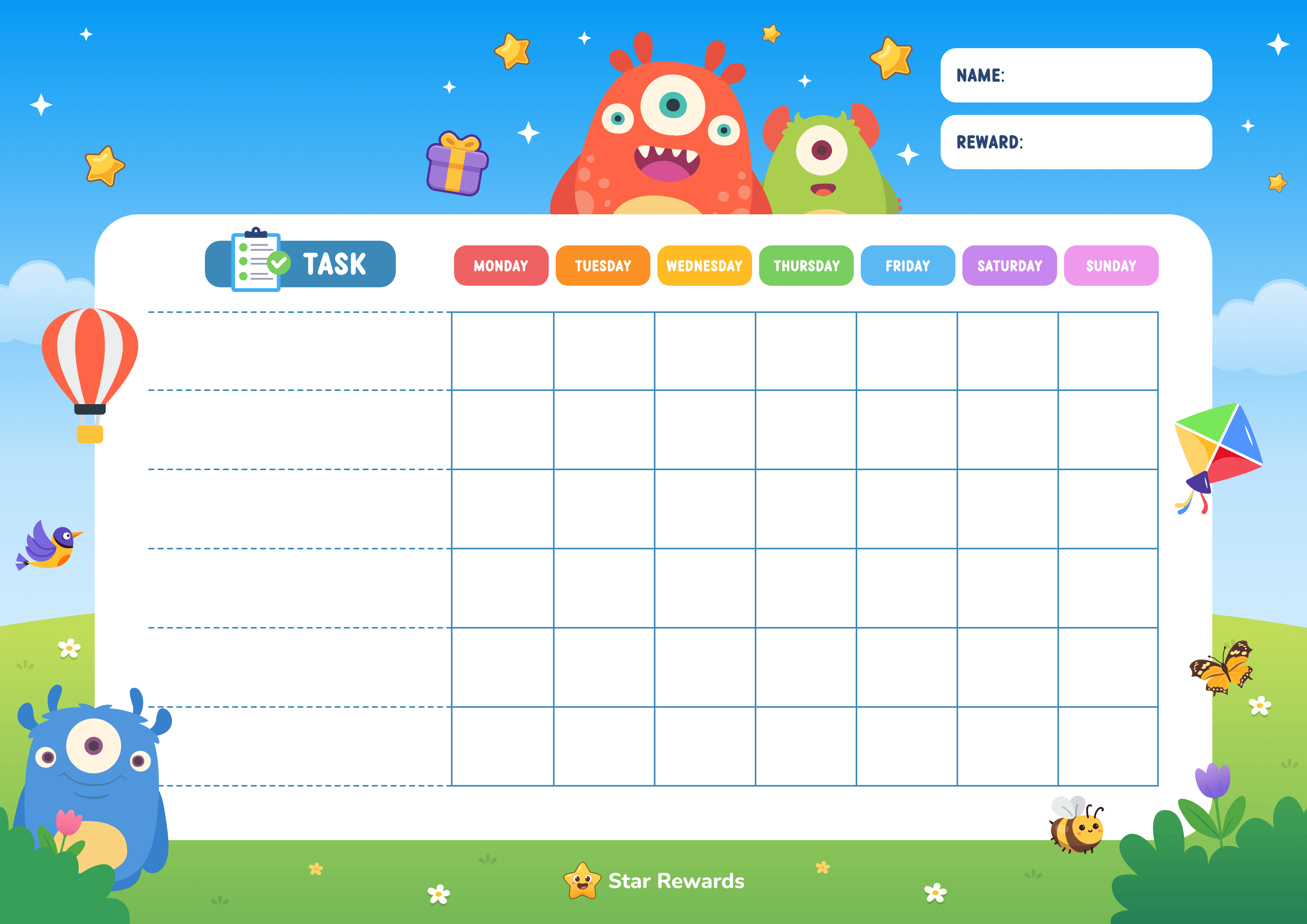 A colourful general weekly reward chart with six task rows and friendly monsters
