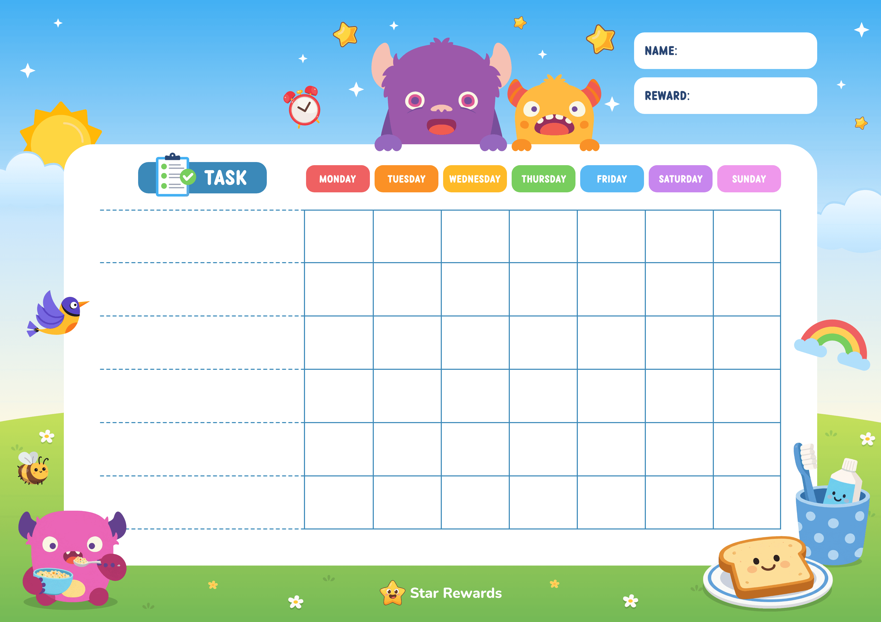A colourful morning reward chart for a child's weekly routine